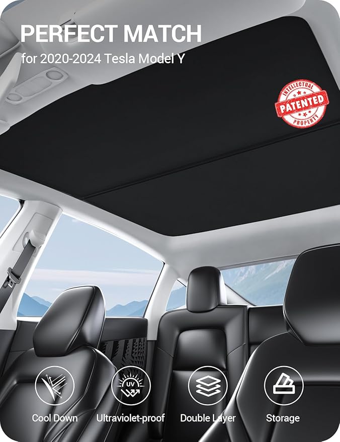 BASENOR 2024-2020 Tesla Model Y Sunshade Roof, [Nano Ice-Crystal Coatings] Heat Insulation Glass Roof Shade, Top Window Retractable Sun Protection, Sunroof Blocking Cover Black