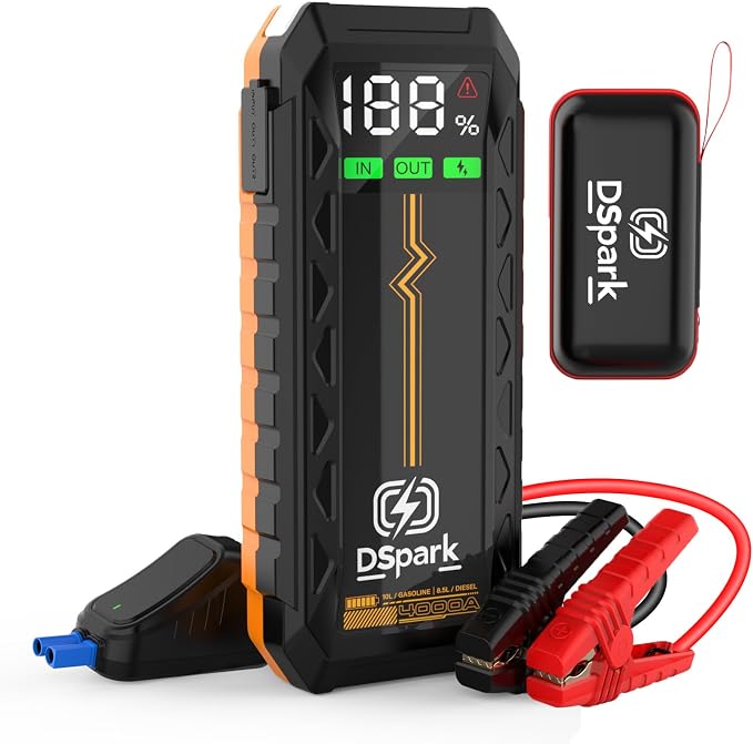Car 4000A Jump Starter for Up to 8.5L Diesel & All Gas Engines, 12V Lithium Battery Booster Pack Jump Box, Portable Power Bank, 3 Modes LED Flashlight, 88.8W Quick Charge & Safety Protection