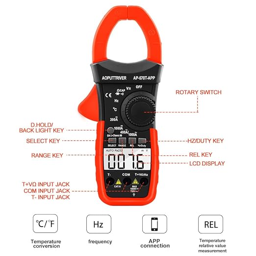 Digital Clamp Multimeter, AC/DC Amp Meter with Bluetooth, 4000 Count Auto-Ranging Clamp Meter Voltmeter Continuity/Capacitor HVAC Tool Multi Tester