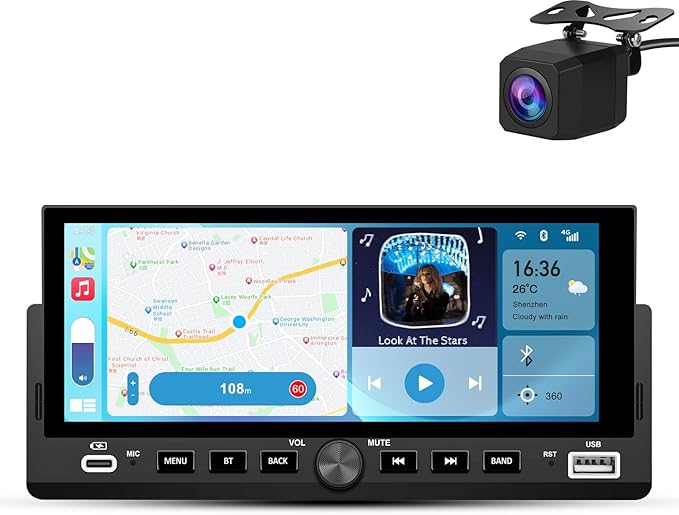 Single Din Car Stereo, 6.86 Inch CarPlay & Android Auto HD IPS Touchscreen Radio with Bluetooth with Backup Camera, Support USB Type-C Charging/USB/Mirror Link/Microphone/FM/EQ (B)