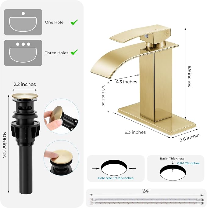 Brushed Gold Bathroom Faucets *2, Waterfall Bathroom Sink Faucet Modern Single Handle Bathroom Faucte 1 or 3 Hole, RV Mixer Tap Vanity Faucet - Includes Pop-up Drain