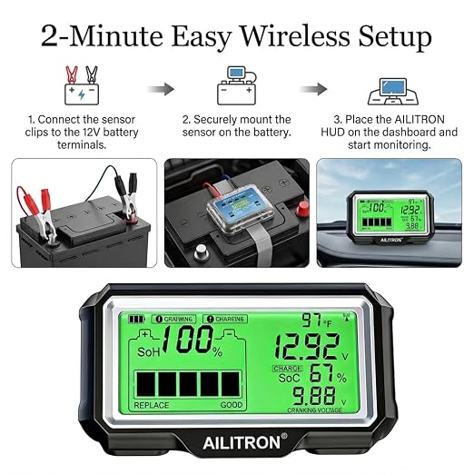 12V Battery Tester Wireless Battery Monitor 433MHz Wireless Battery Tester with Cranking Charging Test/Voltage/Temperature/Alarm/Real-Time Monitoring for Car, Motor, RV, Truck, Boat,Golf Cart, Solar