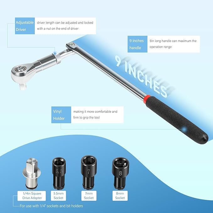 Yoursme 64180 Actuator Motor Wrench Kit Come with 5.5mm 7mm 8mm Sockets and 1/4" Square Drive Adapter, Replace Fasteners on Small Electric HVAC Motors
