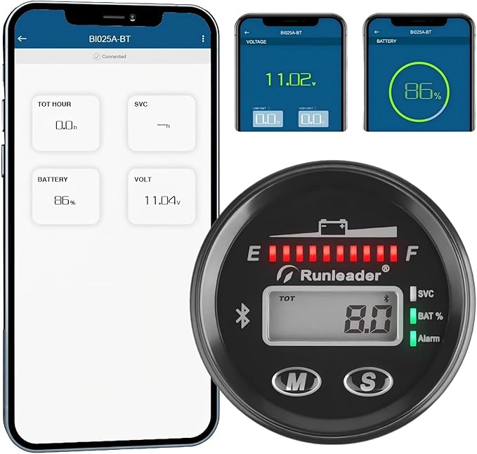 Runleader 12V to 48V Bluetooth LED Battery Indicator,Voltage Gauge with Alert,Run Hours Record for Lead Acid Trojan Lithium Gel AGM LiFePO4 Battery Powered Golf Cart Forklift Go-Kart (1)