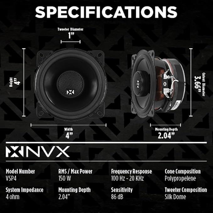 NVX® VSP4 4" Premium Car Speakers, 450W Max, 150W RMS, 2-Way Coaxial w/ 1" Silk Dome Tweeters & Built-in X-Overs, Easy to Install in Cars/Trucks/Doors (Pair)