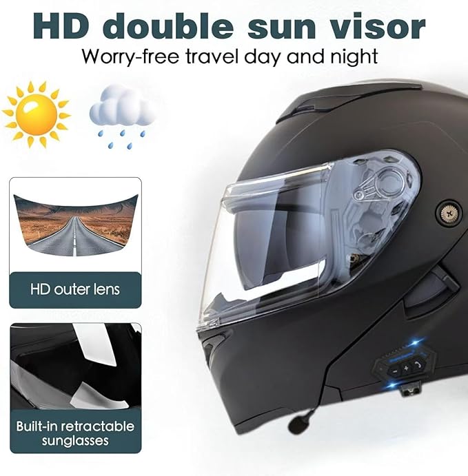 Motorcycle Bluetooth Modular Helmet, DOT Approved Flip Up Full Face Motorcycle Dual Visor Helmet, with Dual Speakers and Microphone, for Adults Men and Women