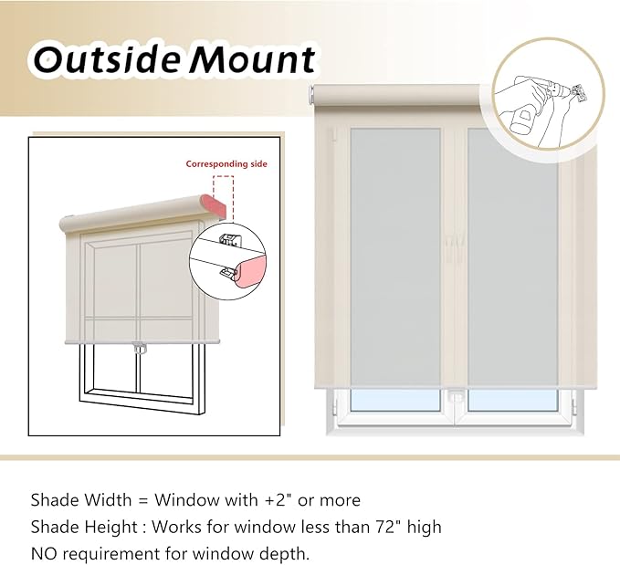 AOSKY Cordless Roller Shades for Windows Light Filtering Shades with 5% Openness Solar Screen Semi Sheer Roller Blinds UV Protection for Office and Home. Easy to Install 43" W x 72" H (Beige)