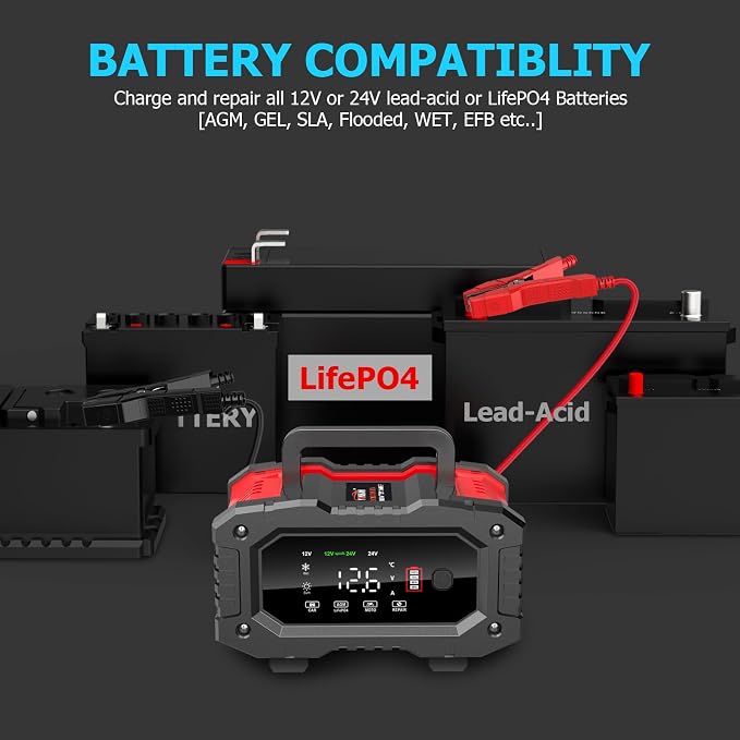 YONHAN 10/20Amp 12/24V LiFePO4 Car Battery Charger with Booster Mode
