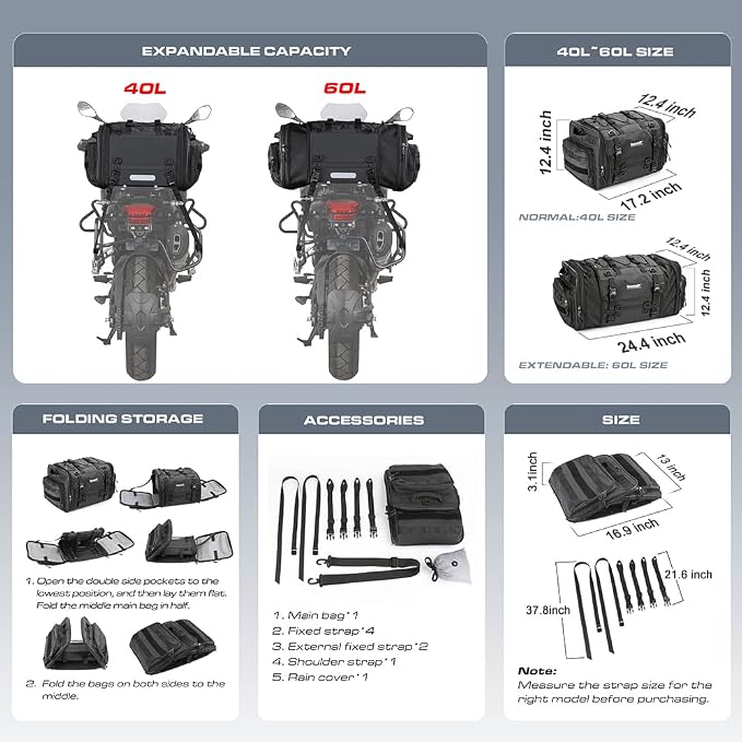 Rhinowalk Motorcycle Saddle Bag Motorbike Tail Bag Waterproof Expandable Pannier Bag Powersports Travel Luggage 60L (Black)