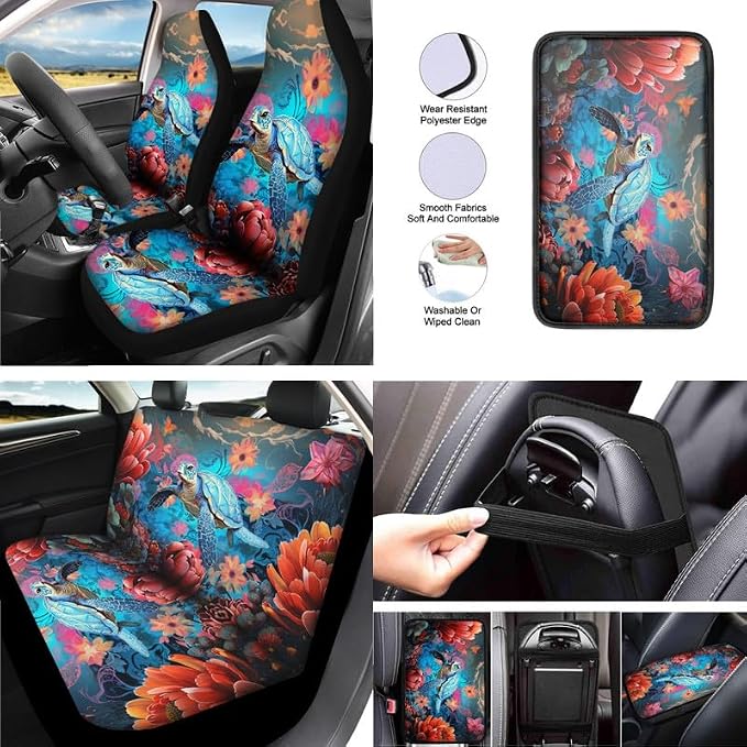 Sea Turtle 13 Pcs Car Seat Covers, Watercolor Floral Ocean Tortoise Universal Driver Seat Cover Protector Armrest Pad, Underwater Animal Steering Wheel Armrest Cover