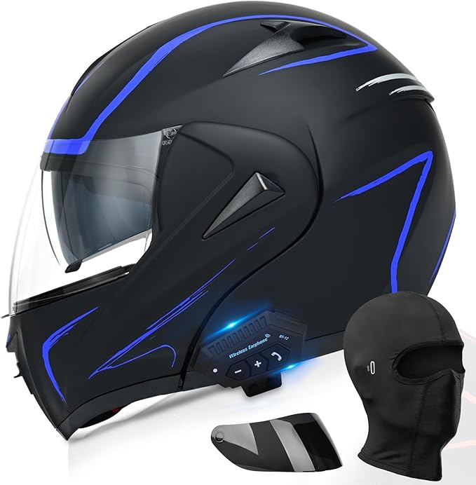 Motorcycle Bluetooth Modular Helmet, DOT Approved Dual Visor Full Face Flip Up Bluetooth Integrated Motorcycle Helmet for Adults Men and Women