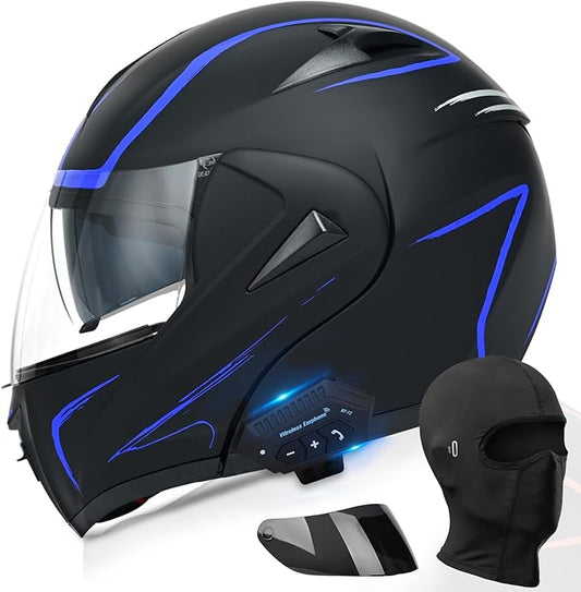 Motorcycle Bluetooth Modular Helmet, DOT Approved Dual Visor Full Face Flip Up Bluetooth Integrated Motorcycle Helmet for Adults Men and Women