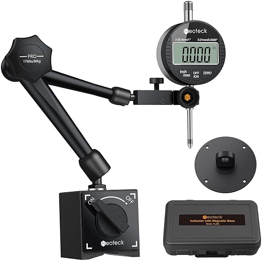 Neoteck Digital Dial Indicator Gauge and Magnetic Base Set with Storage Case 0-1 inch/25.4mm,0.01mm/0.0005" Inch/Metric Conversion Measuring Tool for 3D Printer Lathe Workshop CNC Machine-Black