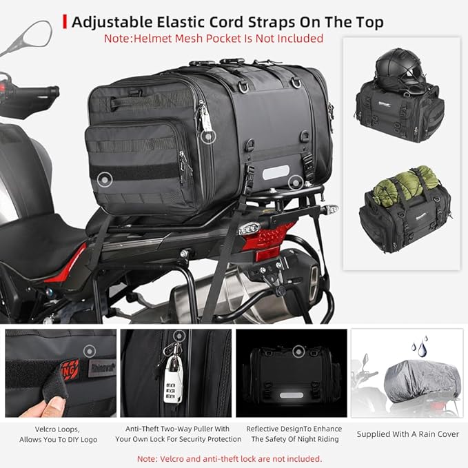 Rhinowalk Motorcycle Saddle Bag Motorbike Tail Bag Waterproof Expandable Pannier Bag Powersports Travel Luggage 33-45L (Black)
