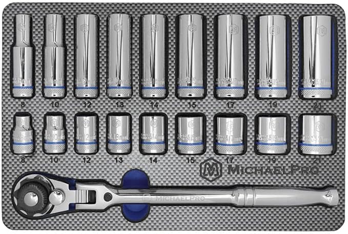 MichaelPro MP001228 19-Piece 3/8-Inch Drive Flex Head Ratchet and Socket Set, Reversible with Quick Release, No Popular Sizes Skipped