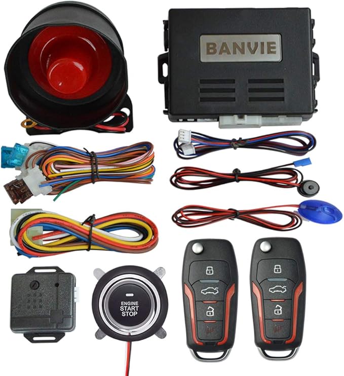 BANVIE ① Car Keyless Entry Security Alarm System + ② Remote Engine Start Starter + ③ Push to Start Stop Iginition Kit Button