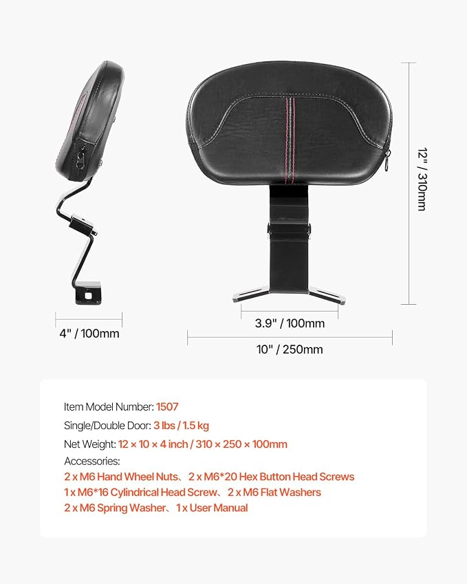 VEVOR Motorcycle Backrest Sissy Bar, Compatible With Harley-Davidson Touring Street Glide Road Glide Road King, 12.2 inch Height Detachable Rider Backrest, For Motorcycles, Black