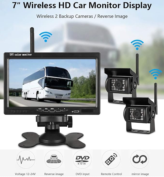 EVERSECU 2pcs Wireless Vehicle Backup Cameras Plus 7" Monitor Parking Assistance System for RV/SUV/Van/Pickup/Truck/Trailer Rear/Side/Front View System Switchable