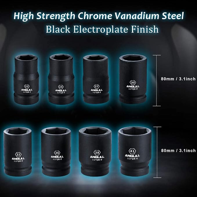 Anbull 1" Drive Jumbo Impact Socket Set, 9 Pieces Universal Hex Deep Socket Set with Heavy Duty Storage Case, Metric and Standard Sizes (22,24,27,30,32,36,38,41mm), Cr-V Steel