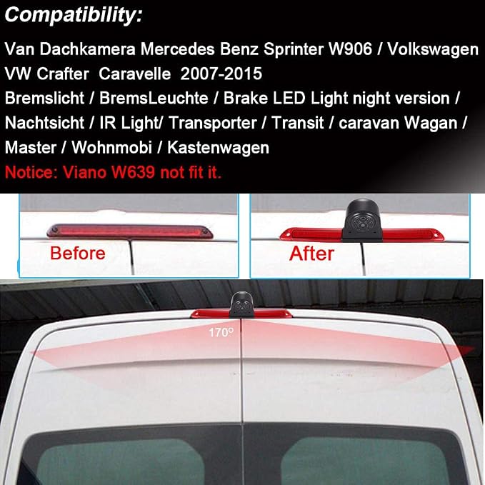 Car Third Roof Top Mount Brake Light 3 Rear View Camera Parking Safety Assistant System, HD Night Vision Waterproof for VW Crafter Caravelle/Van Mercedes Benz Sprinter W906 (with 4.3-inch Monitor)