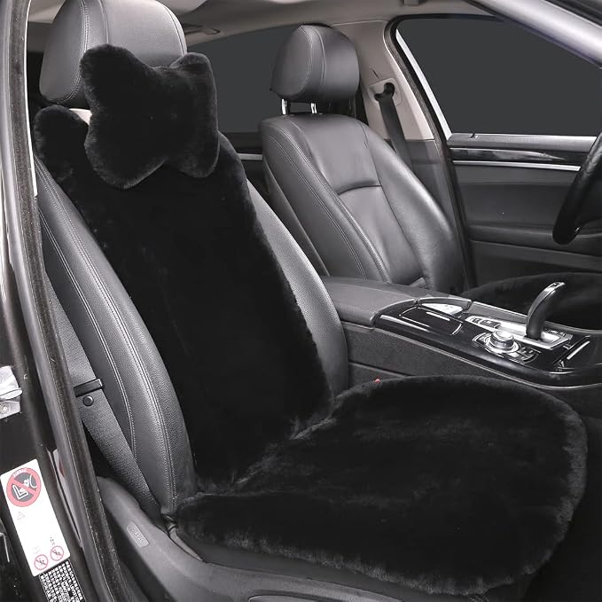 OGLAND Black Fuzzy Sheepskin Car Seat Covers | Genuine Fur Wool Seat Protectors for Leather Bucket Seat Cushions | Fluffy Warmers for Mercedes, Audi & Luxury Cars | Flush Furry Interior Upgrade