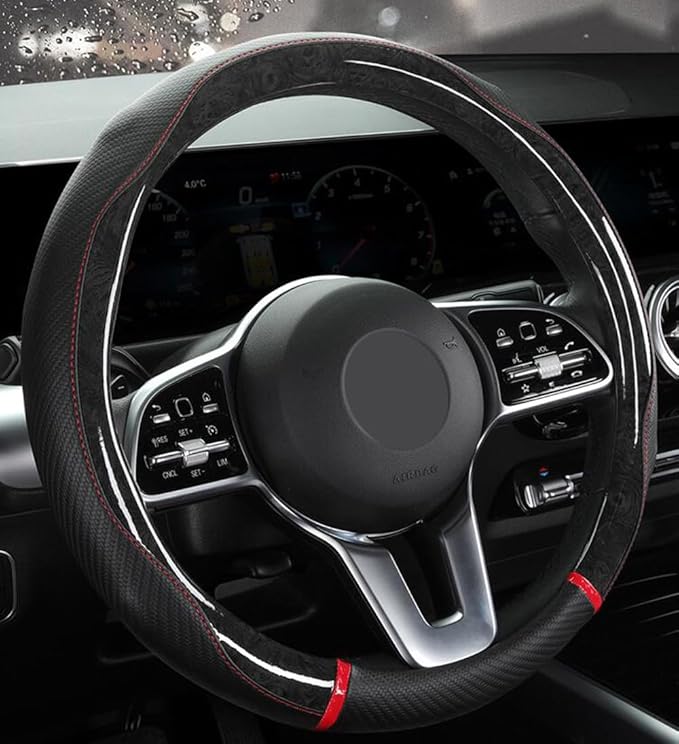 Peach Wood Grain Steering Wheel Cover Anti-Slip Breathable Durable Leather Four Seasons Universal 15 Inch Car Wrap Cover (Black-Red)