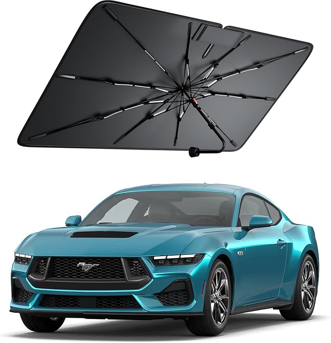 Windshield Sun Shade for Ford Mustang 2000–2026, Foldable Umbrella Sunshade with 100% UV Block, Multi-Layer Heat Insulation, Reinforced 10-Rib Frame, Keeps Car Cooler, Summer Car Accessory