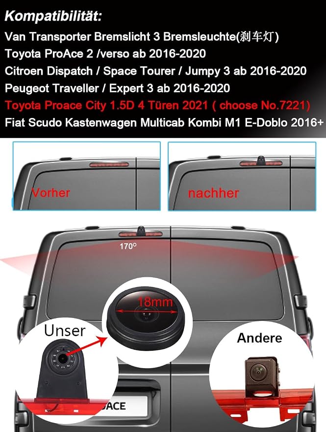 Super 1280x720 Pixel 1000 TV Lines 3rd Brake Light Reversing car Camera Brake lamp Parking for Citroen Dispatch Toyota Proace Peugeot Expert Traveller Van 3 Transporter from 2016 Third MPV Waterproof