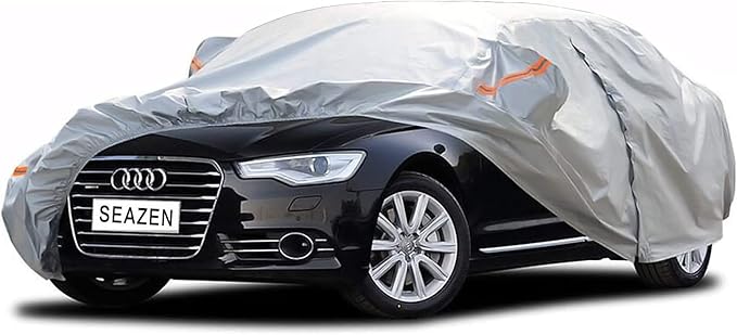 SEAZEN Car Cover 6 Layers, Waterproof Sedan Car Cover with Zipper Door, Snowproof/UV Protection/Windproof, Universal Car Covers Breathable Fabric with Cotton (185" to 200")