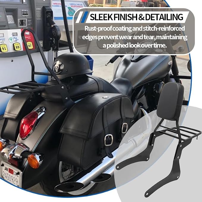 Comfortable Leather Backrest Sissy Bar + Luggage Rack Pad Compatible With Kawasaki Vulcan 900 VN900 1996-2018 (Chrome) (Black)