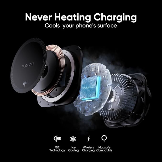 FLOLAB Qi2 15W Wireless Car Charger for iPhone 16/15/14/13/12 Qi2 Car Charger, Magnetic Vent Mount/Dashboard Mount Car Phone Holder, Fast Charging with Cooling