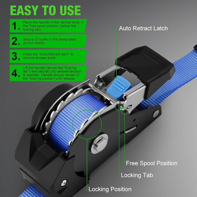 Retractable Ratchet Straps (4-Pack) - 1 Inch x 10 Feet (1,650lb Break Strength) - Heavy Duty Auto Self Retracting Tie Down Straps for Motorcycle, ATV, UTV, Truck, Cargo Trailer - Blue