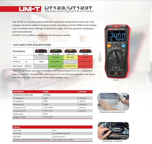 UNI-T UT123T Digital Multimeter Pocket-Sized, NCV Detection, Temperature, Continuity Test, CAT III 600V, Auto-Ranging, EBTN LCD for Home DIY Electrical Testing