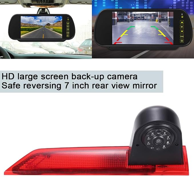 Car Third Roof Top Mount Brake Light 3 Rear View Camera Parking Safety Assistant System, HD Night Vision Waterproof for Ford Transit Custom 2012-2016 (with 7-inch Rearview Mirror)