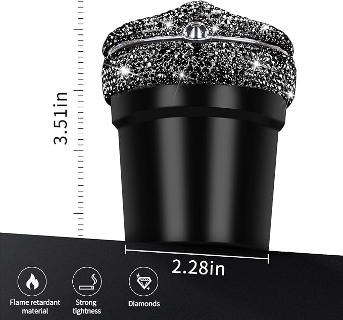 eing Car Ashtray Portable Cigarette Smokeless Cylinder Cup Holder with Blue LED Light Indicator and 2 Replacement Batteries,Car Accessories for Women,Ideal for Car,Home and Office,1-Pack Black+Black