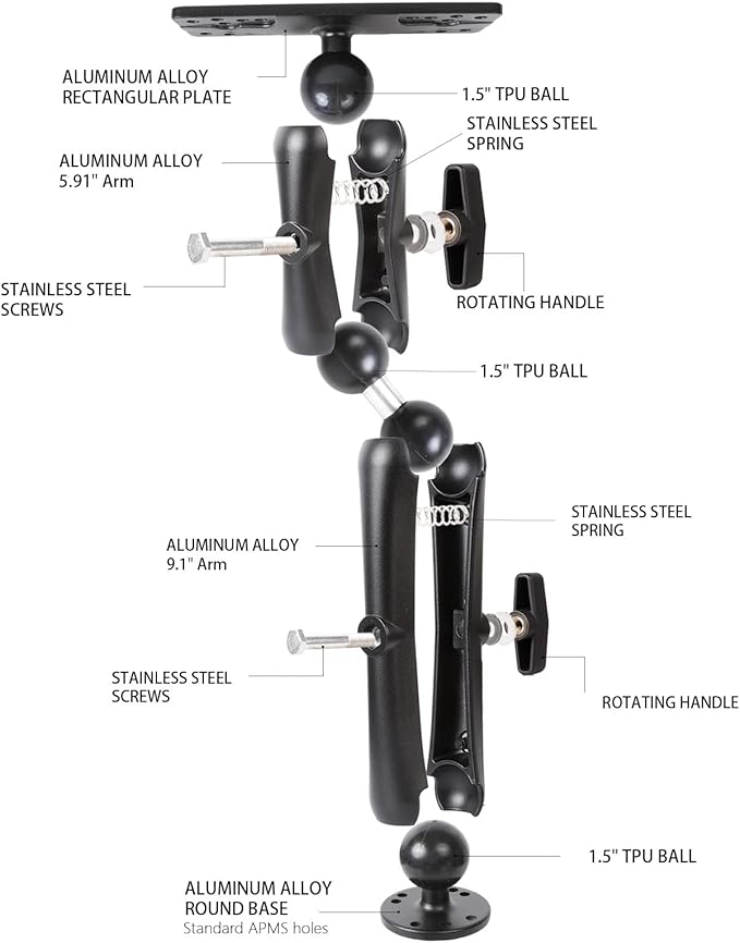 1.5" Ball Lengthened Arm Fish Finder Mount with Double Arms, Aluminum Alloy Marine Electronic Mount, Round Base with 1.5 inches / 38mm / C Size Ball, Compatible with Garmin, Lowrance, Humminbird More