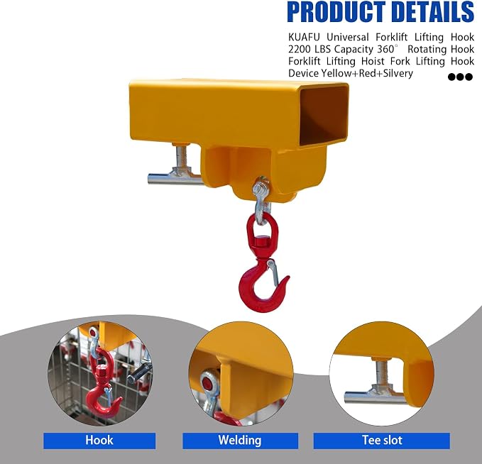 Heavy Duty Forklift Lifting Hook with 2" Receiver Hitch, Dual Fork Mounted Lifting & Towing Attachment, 2.2 Ton Max Capacity for Forklift Tractor Industrial Use