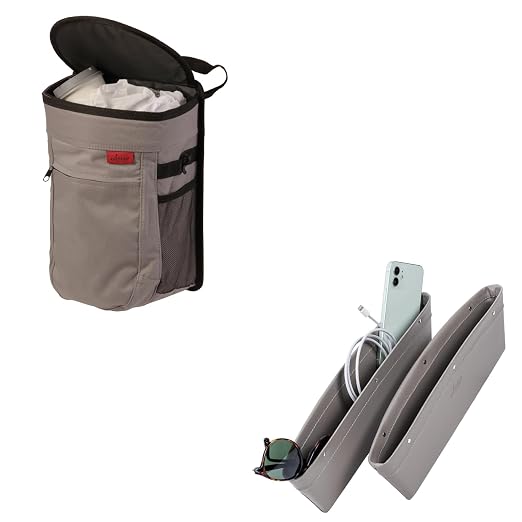 Lusso Gear Car Trash Can - Round - Gray and Car Seat Gap Organizer - Gray
