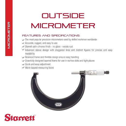 Starrett Outside Micrometer with One-Piece Spindle, Satin Chrome Finish and Tapered Frame - Quick and Easy Adjustment, 4-5" Range, .0001" Graduation - T436.1XRL-5
