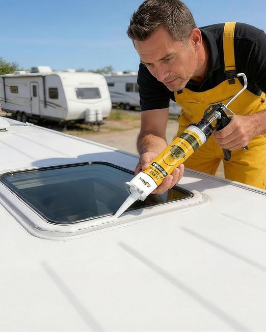 RV Roof Sealant 8 Pack, 30 Seconds Self Leveling Lap Sealant – White, Fast Curing Waterproof Flexible Caulk RV Sealant with Gloves for Camper Trailer Roofs Maintenance Repair
