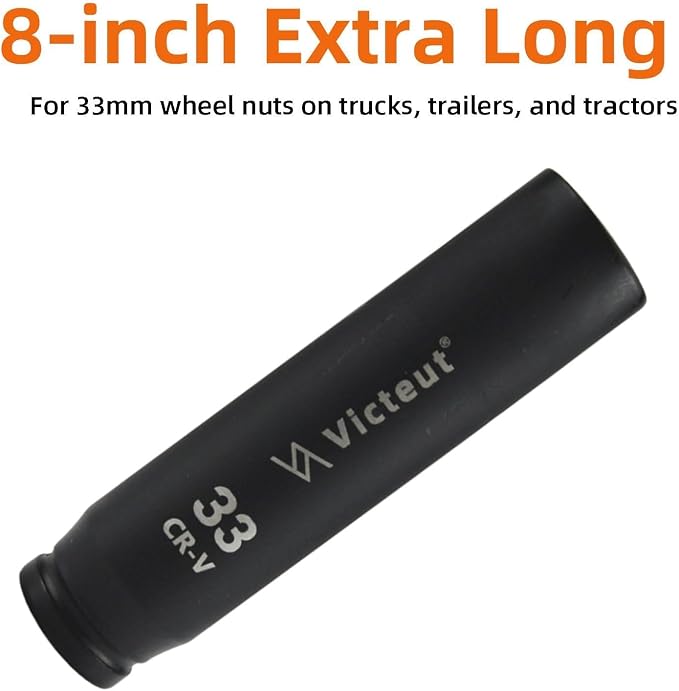 3/4-Inch Drive 33mm Extra Deep Impact Socket，8-Inch (200mm) Long，6-Point Truck&Trailer&Tractor Wheel Nut Socket, Heat Treated Cr-V Alloy Steel, One-Piece Forged, No Torque Loss