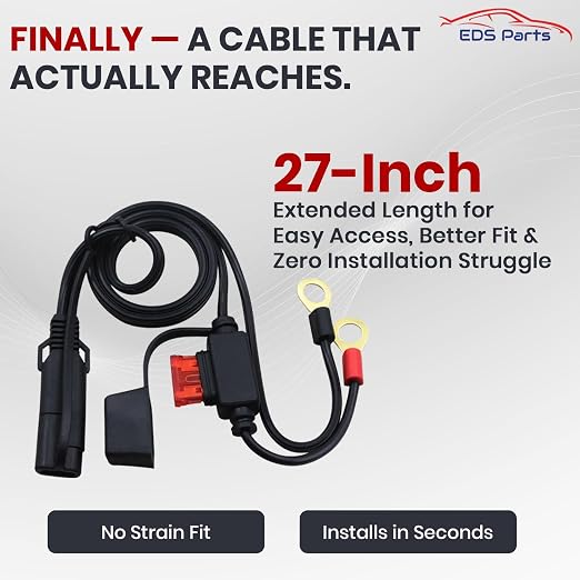 EDS 08100696 Battery Ring Terminal Harness Cable – 27 Inch 16 AWG, 10 Amp Fuse, 2 Pin SAE Quick Disconnect, Trickle Charger Cable for Motorcycle, Car, ATV, RV & Boat (1 Pack)