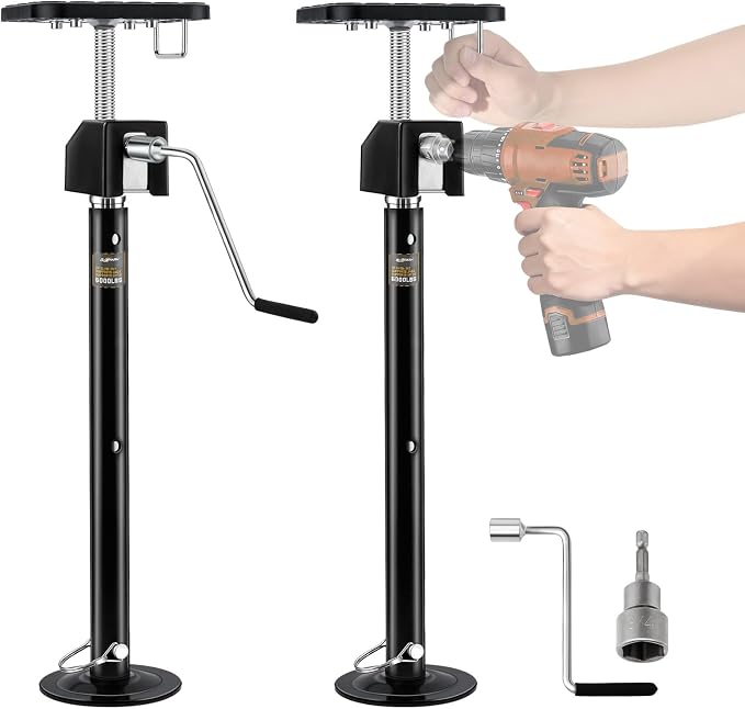 RV Slide Out Support Jacks Set of 2, 6000lbs Heavy Duty Supports, Adjustable 20"-49" Height by Power Drill or Handle, Slideout Stabilizer Jacks RV Camper Accessories for Travel Trailer-Black