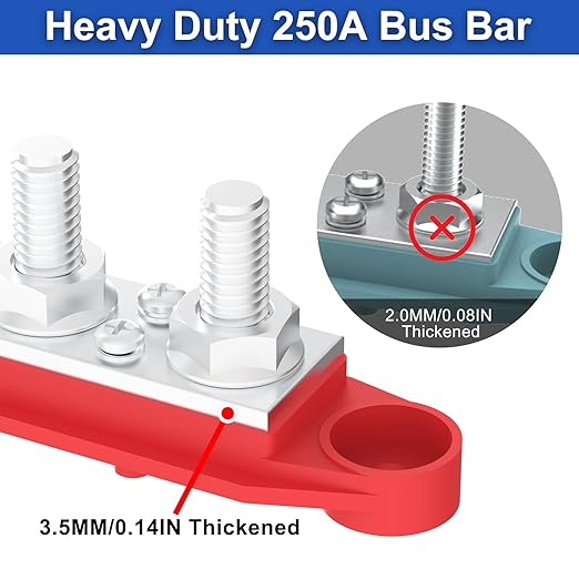 Upgraded Bus Bar 250A 12V Power Distribution Block with 3/8" (M10) 4-Posts Terminals Block with Cover for Automotive, Marine, Battery System(Black & Red)