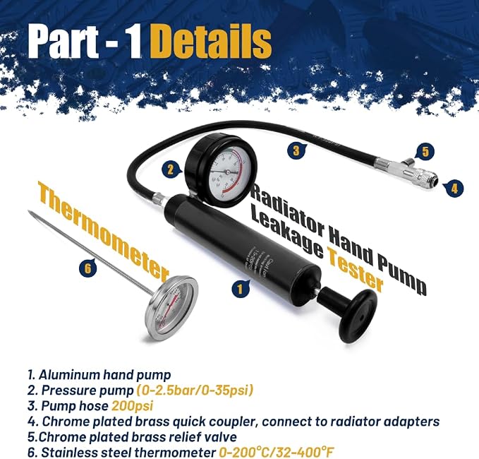 32pcs Universal Radiator Pressure Tester Kit, Tester Pneumatic Vacuum Cooling System Purge Refill Leak/Refiller Set, Universal Automotive Domestic/Import Vehicles, Motorcycle