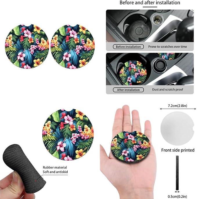 Hawaiian Hibiscus Monstera 13 Pieces Car Seat Cover Full Set for Women Men Tropical Flower Hand Drawing Steering Wheel Cover Auto Seat Universal for,SUV,Sedan,Van