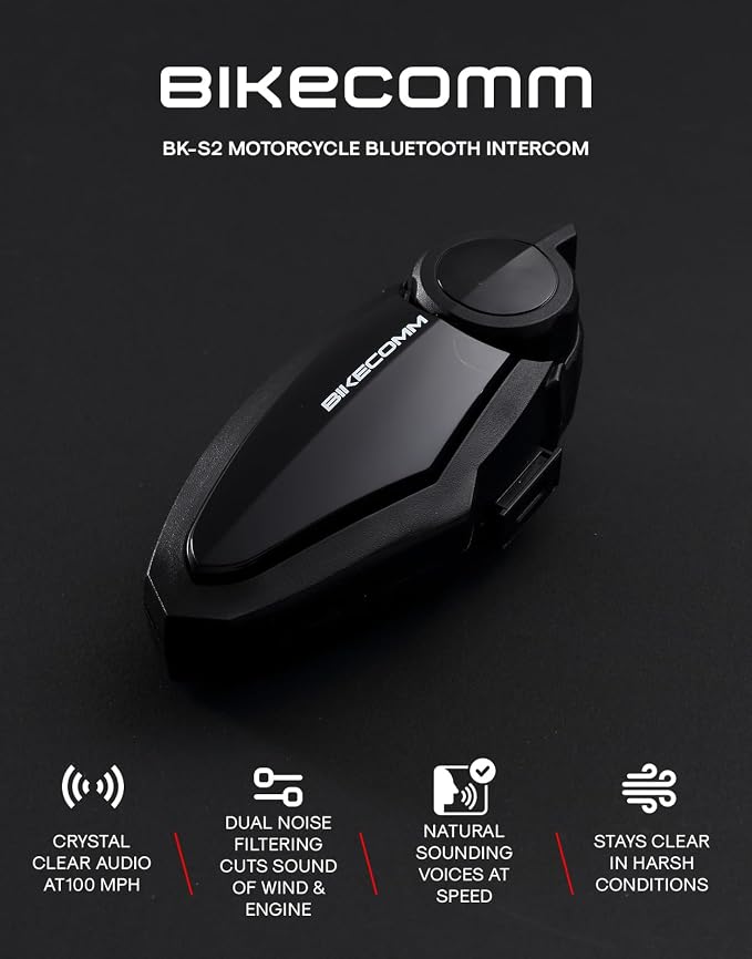 BIKECOMM BK-S2 Motorcycle Bluetooth Headset Intercom – 1200M Range Wireless Speakers - Helmet Communication System, IP67, Black, Twin Pack