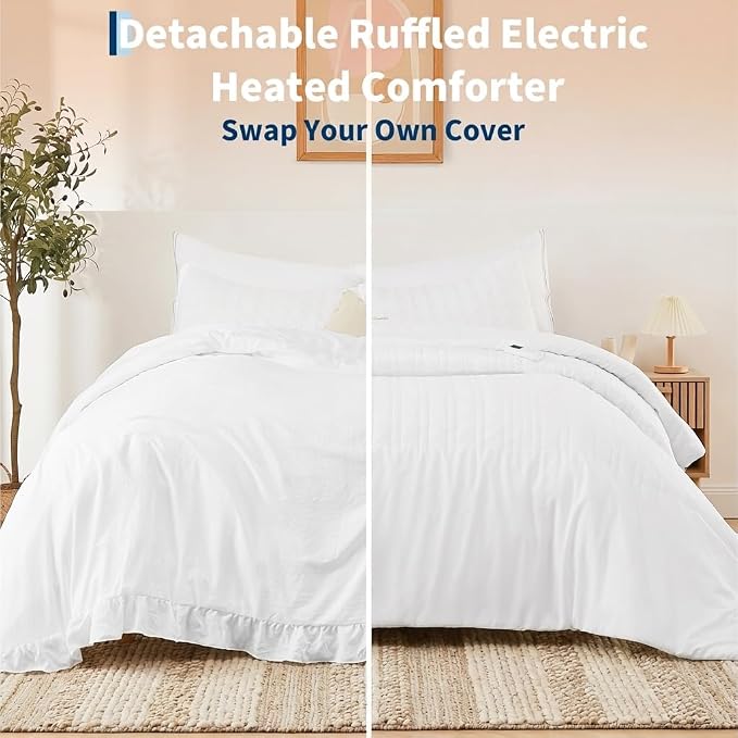 Heated Comforter Blanket with Ruffle, Wireless LCD Controller Electric Quilt - Fast Heating, Overheat Protection, ETL Certified, Machine Washable