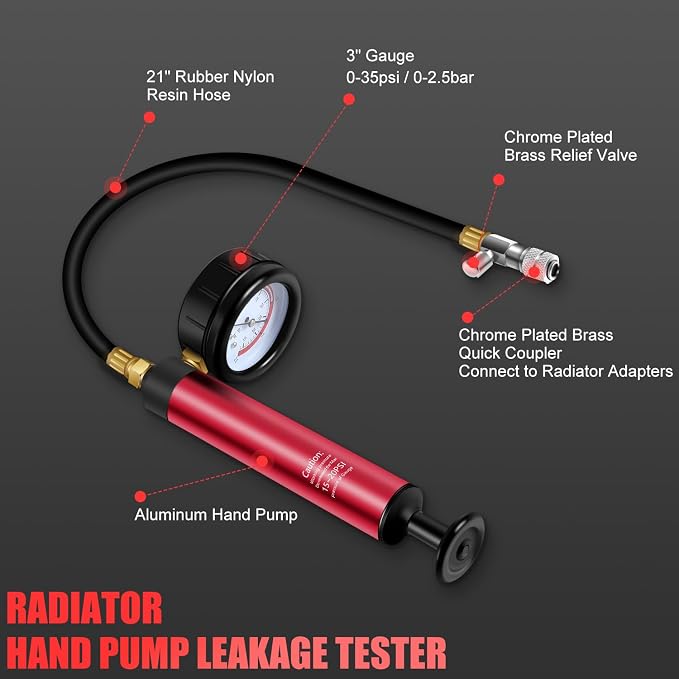 JIFETOR 14PCS Radiator Pressure Tester Tool Kit with Aluminium Pump and Metal Adapters, Red