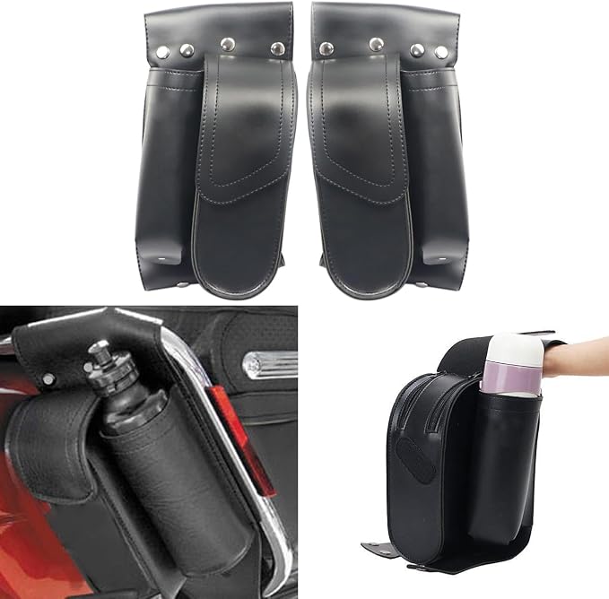 Motorcycle PU Leather Left Right Side Saddlebag Guard Bag with Water Drink Bottle Holder For Harley Touring Electra Street Tri Glide Road King Glide 1983-2023